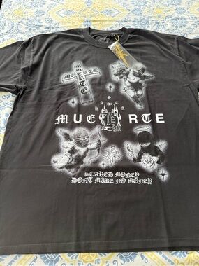 Hasta Muerte Black Graphic Tee with White Gothic Cherub Design
